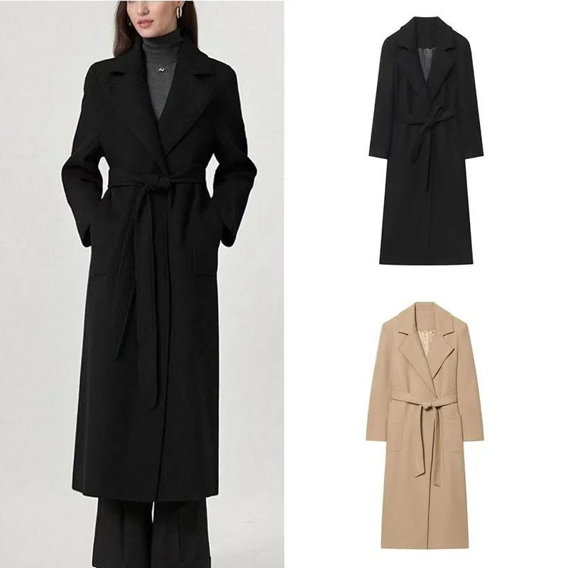 

2025 Winter New Women's Fashion Soft Stand Collar Belted Coat Stylish Casual Wool Blend Overcoat