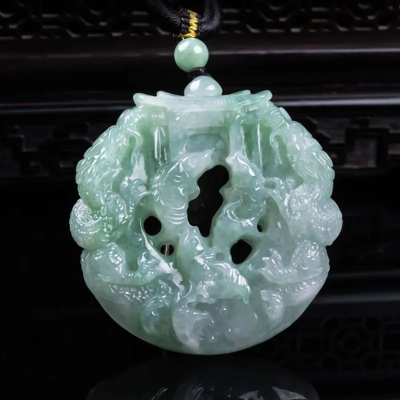 Natural A-grade Jadeite Fish Leaping Dragon Gate Thickened Three dimensional Hollow Precision Jade High Ice Jade Pendant