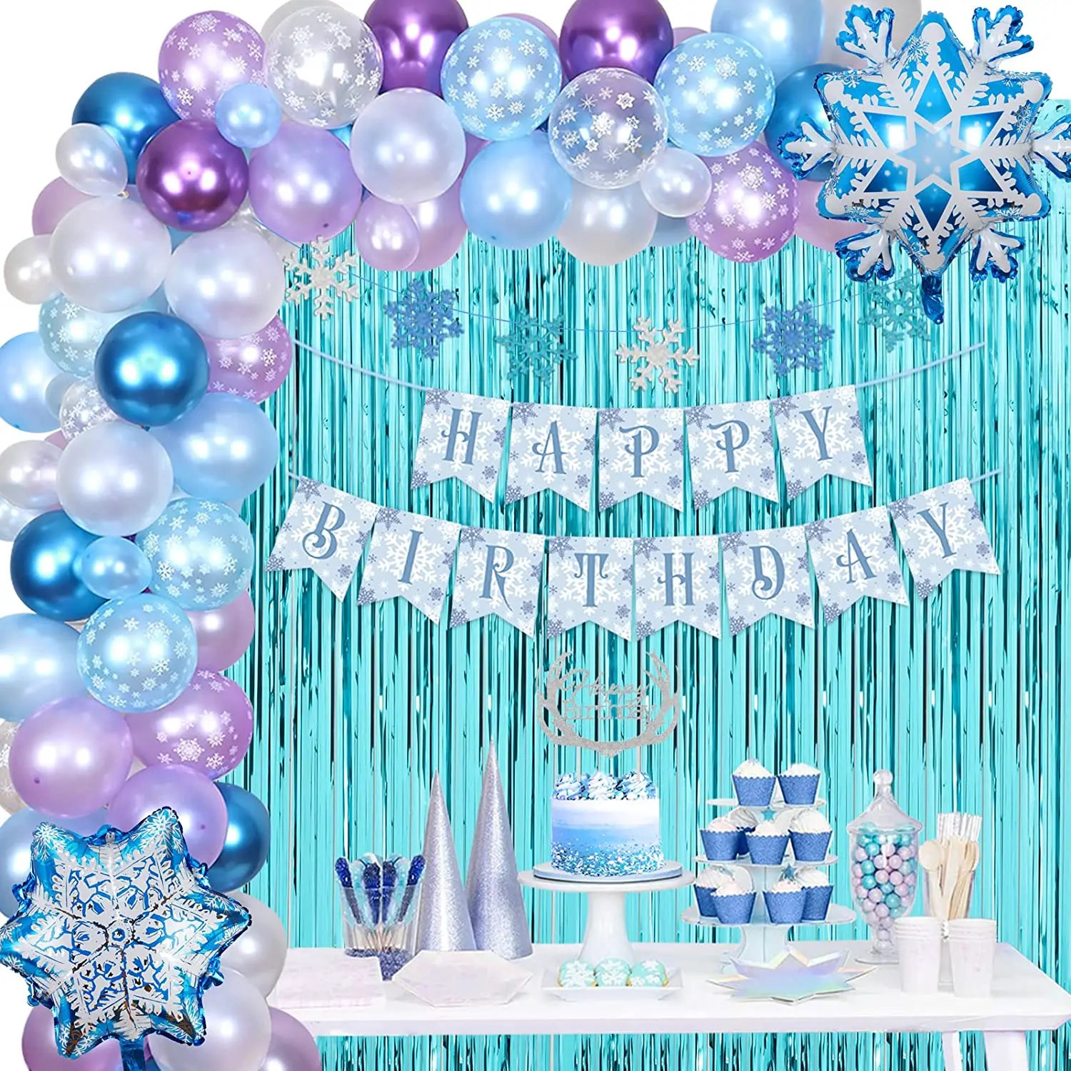 

Funmemoir Snowflake Winter Princess Birthday Party Decorations for Girls Purple Blue Balloons Kit Happy Birthday Banner Curtain