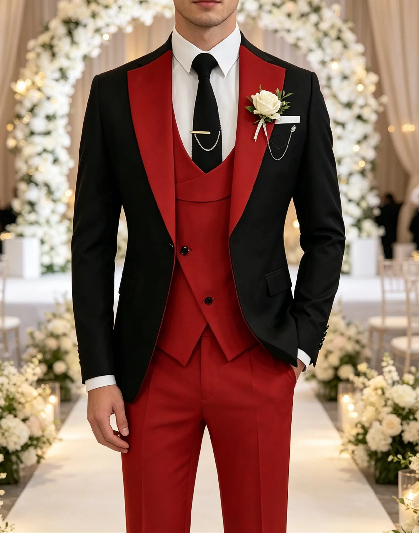 Herren zweifarbiger lässiger 3-teiliger Anzug, Slim Fit, einreihiger Blazer, Weste, Hose, modisches Outfit für Dates, Treffen und Streetwear – Detail 5