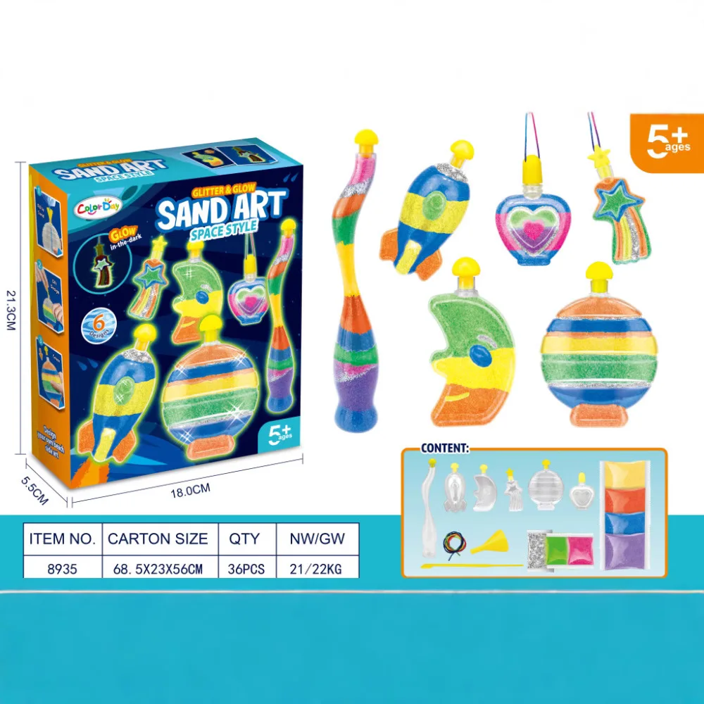 Kit d'art de sable pour enfants, créez votre propre kit d'activités artisanales avec ensemble de sable, bouteilles de formes assorties d'art de sable qui brillent dans la nuit a