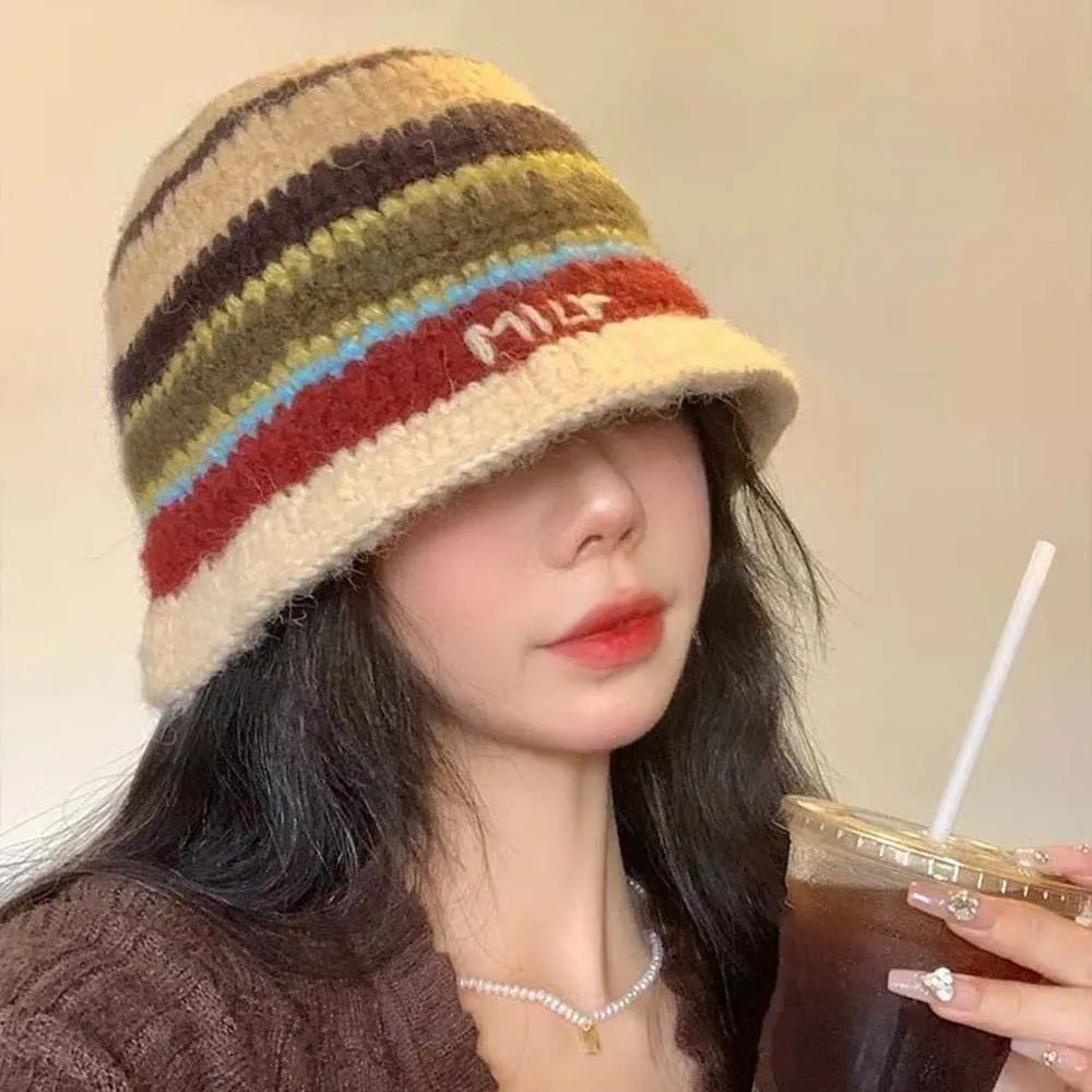 

Fashion Warm Knitted Bucket Hat Anti-cold Contrast Color Striped Fisherman Hat Temperament Windproof Woven Basin Cap Winter