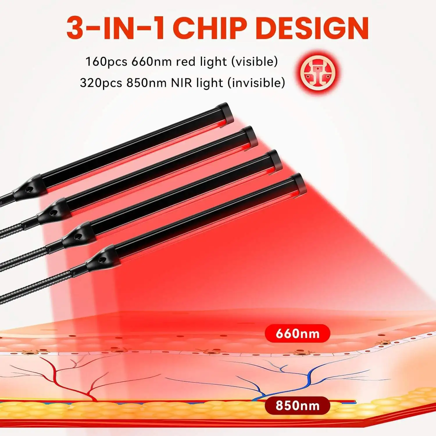 Lampa do terapii czerwonym światłem z regulowaną podstawką, układ 3w1 660 i 850 nm, urządzenie do terapii światłem bliskim podczerwieni do twarzy, ciała, bólu i skóry.