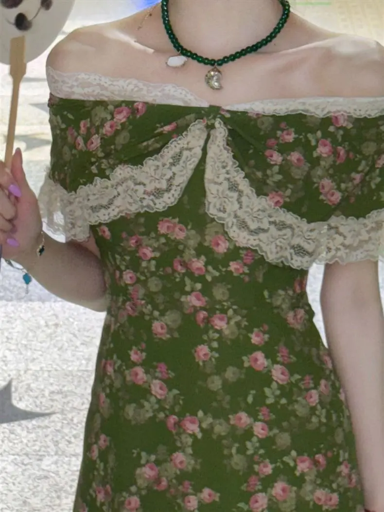 Elegant Vintage Floral Midi Dress Women Slash Neck Lace Off Shoulder A-Line Bodycon Summer Vacation Dress