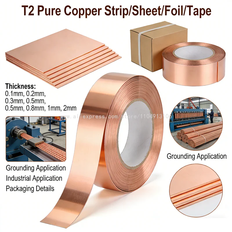1 Meter T2 Pure Copper Strip Copper Sheet Foil 0.3mm 0.4mm 0.5mm 0.6mm 0.8mm Grounding Earthing Copper Tape Width: 5-90mm