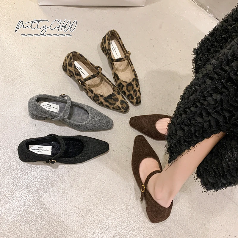 Elegant ขนแกะขนสัตว์ Felt Mary Janes ผู้หญิงสายคล้องคอเสือดาวบัลเล่ต์รองเท้าสุภาพสตรีฤดูหนาว Evening Party Plush Heel Zapatos