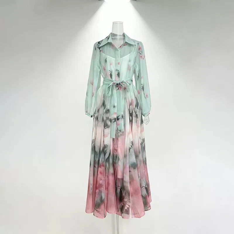 Boho Chic Gradient Floral Maxi Shirt Dress Women Casual Long Sleeve Belted Waist Flowy Long Chiffon Dress for Vacation