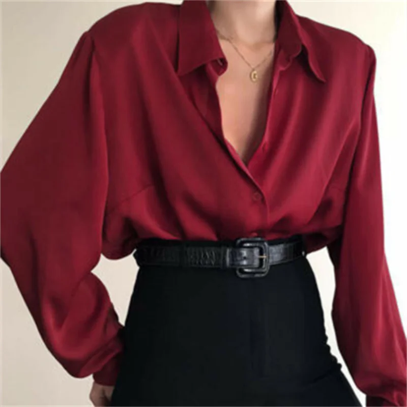 Women Comfy Satin Button Blouses Turn Down Collar Shirts Office Lady Long Sleeve Casual Autumn Blouse Loose OL Shirt Baggy Tops