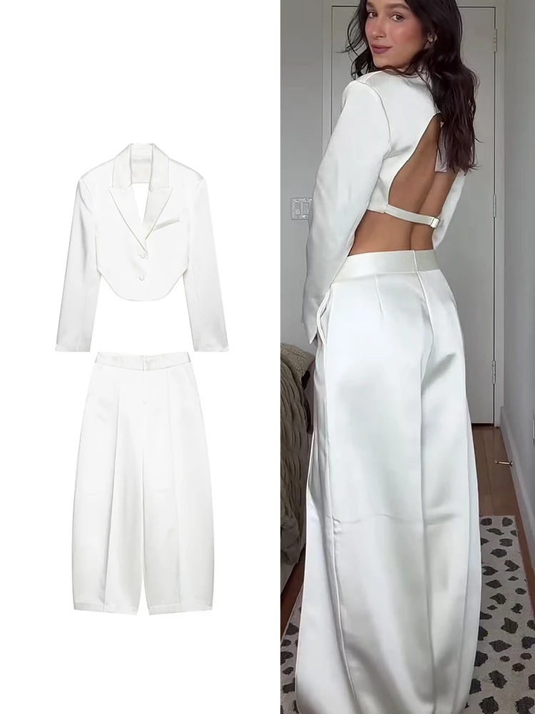 TFMLN Fashion Women's Satin Blazer Pants Set Lapel Backless Short Jacket Balloon Wide Leg Pant 2026 New Solid Casual Suit
