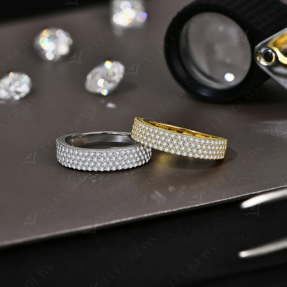 ATTAGEMS Sparkling Moissanite Ring for Women Men Real 14K 18K AU750 Yellow Gold Half Eternity Wedding Band Fine Jewelry With GRC