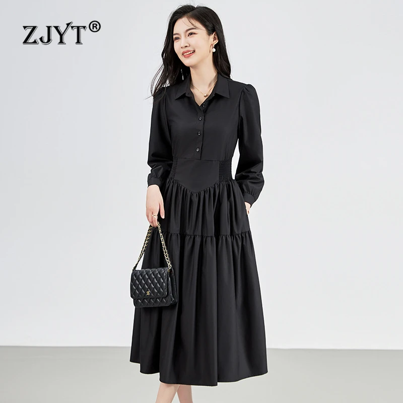 

ZJYT Fashion Women Autumn Long Sleeve Midi Shirt Dress Black 2024 Turn Down Collar Brief Office Casual Dresses Elegant Vestidos