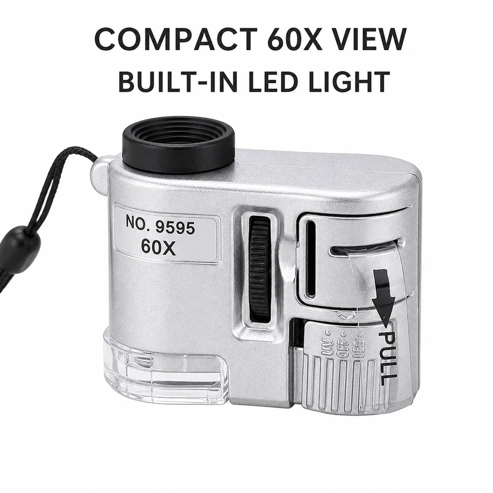 Mini 60X LED Microscope Portable Monocular Magnifying Tool for Students Coins Stamps Leaves Circuit Board Inspection
