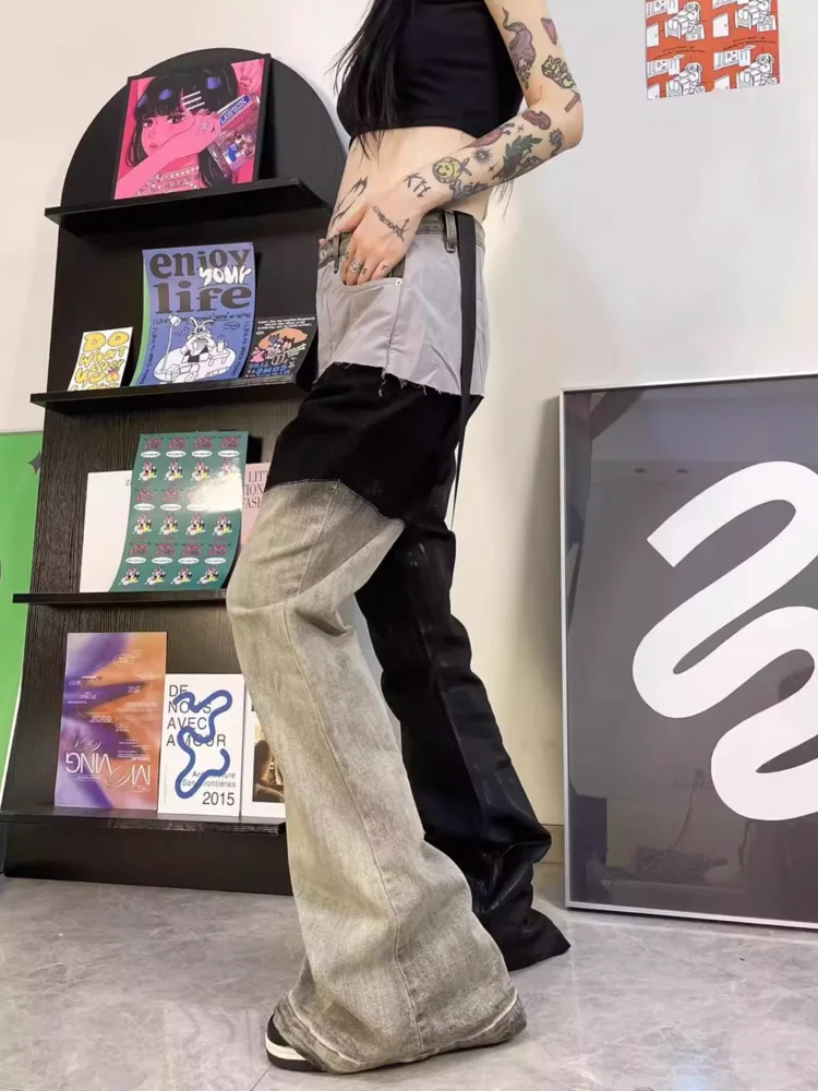 Pantalones vaqueros de cera cepillada para mujer, diseño de nicho de calle alta, desgastado, recubierto de empalme, microacampanado, moda Popular,