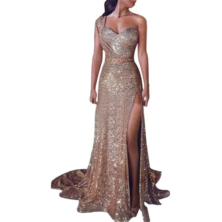 Prom Dresses Elegant Maxi Dress Halter Neck Gold Foil Dress V Neck Floor Length Evening Gown One Shoulder Long Party Dresses