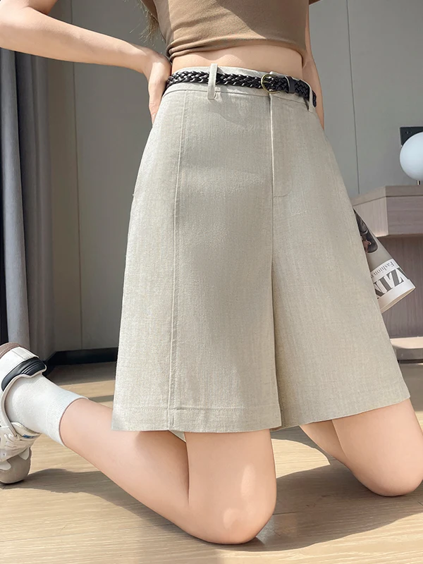 High Waist Wide Leg A-Line Shorts Linen Lyocell Casual Pants Women Summer 2026 Slimming Effect Casual Loose Fit Straight Leg