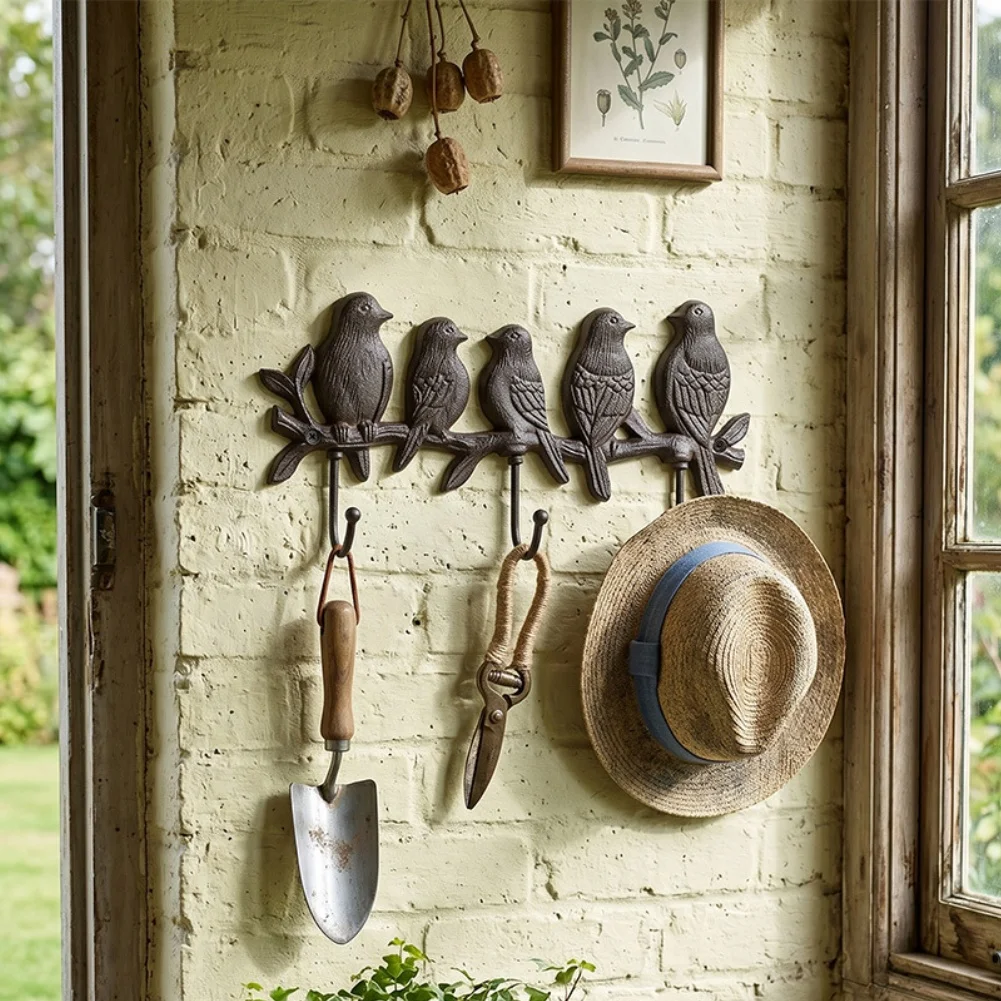 Black Cast Iron Wall Mounted Hook with for Nordic Bird Motif Decor for Hallway Entryway Rustic Farmhouse Interior 27x15.5cm