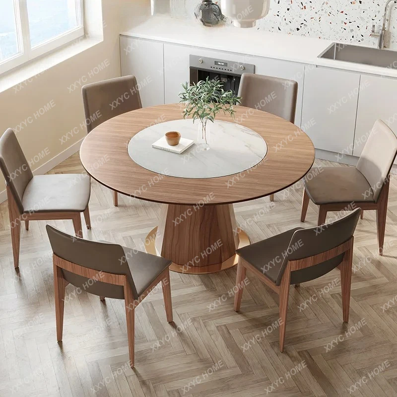 LSolid wood round dining table with embedded turntable household modern small apartment walnut wabi sabi dining table