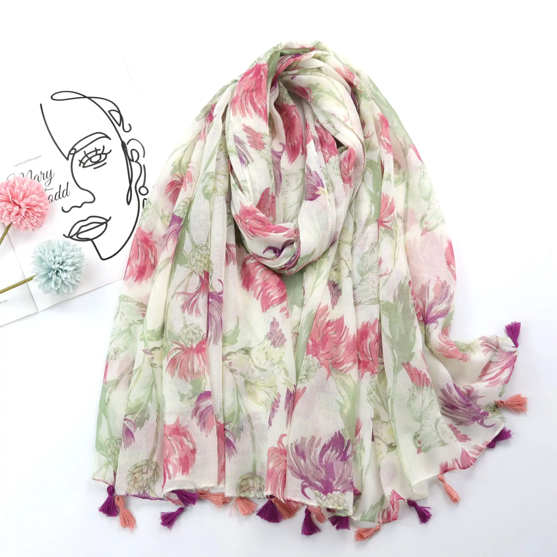 

2022 Newest Women Floral Scarf Cotton Tassel Scarf Shawls