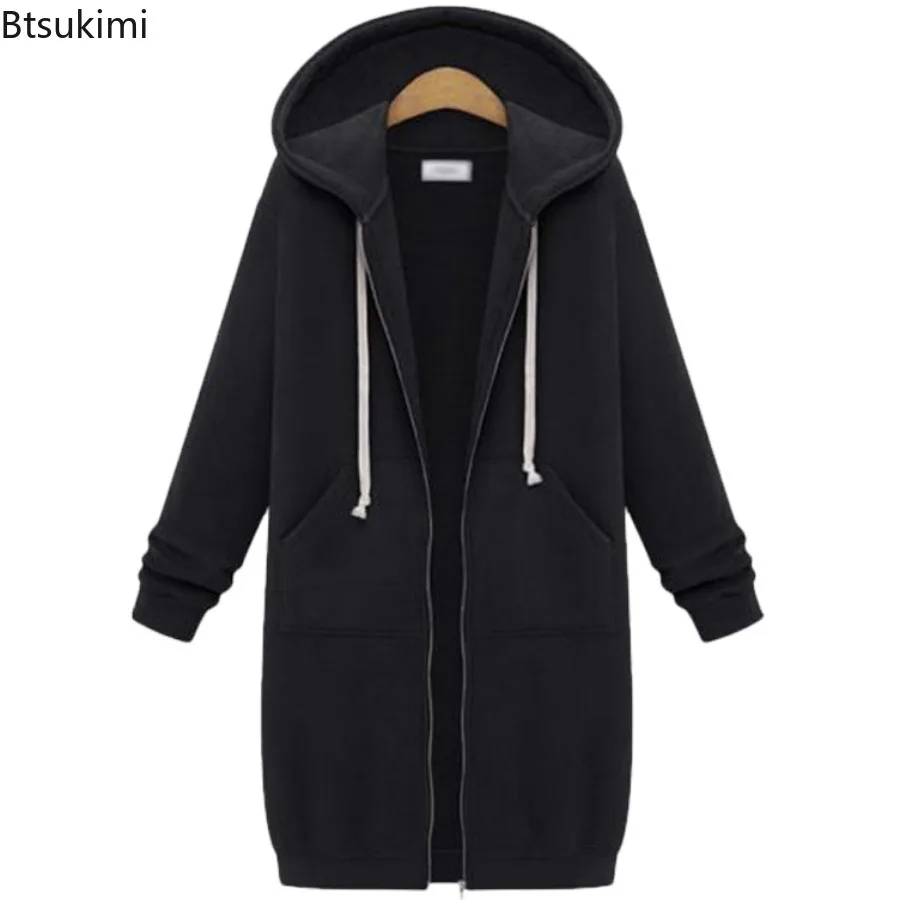 

New 2025 Women Autumn and Winter Hoodies Thickening Loose Fashion Solid Color Pocket Design Top Hooded Long Sweatshirts Coats