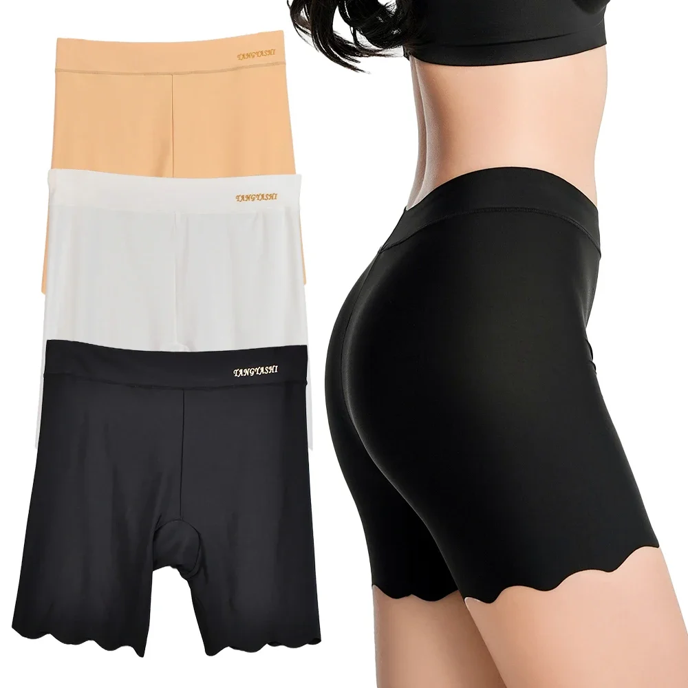 1PC Damskie spodenki ochronne Plus Size Bezszwowe krótkie spodnie z lodowego jedwabiu Cienkie pod spódnicą Bokserki z wysokim stanem Majtki chłopięce zapobiegające otarciom