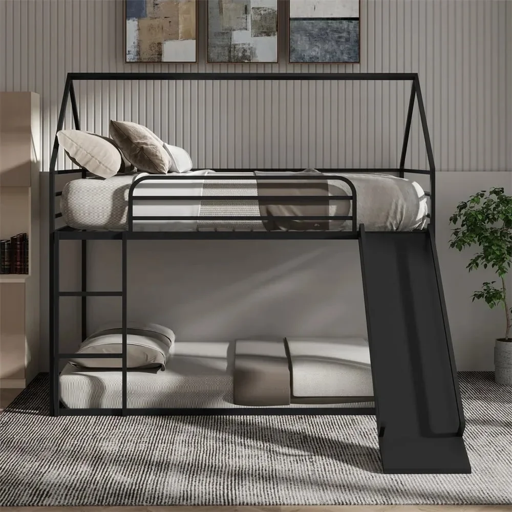 

Modern Bunk Bed Twin Over Twin, Steel House Beds with Ladder and Slider, Heavy Duty Bed for Kids Adults, Space-Saving