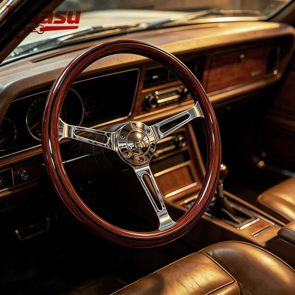 Huasu Big Hole Polishing Spoke Classic Wood Grain Look Car Sports Steering Wheel 15inch 380mm Concave Universal Car Accessories
