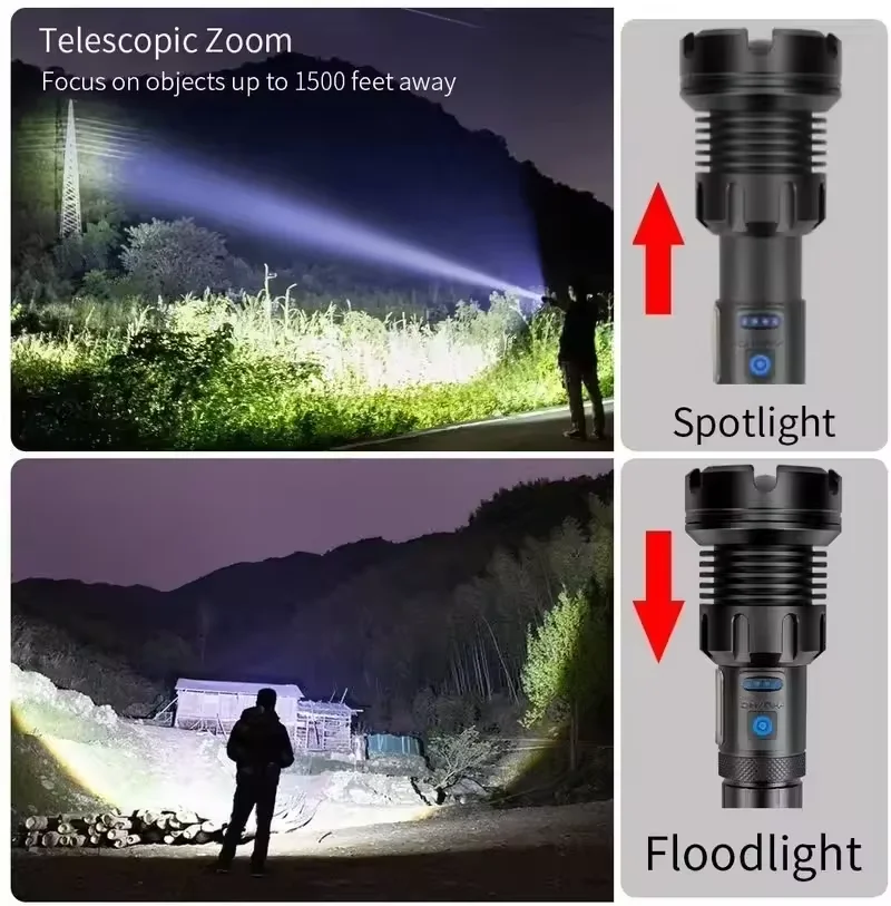 XHP390 Rechargeable Led Flashlight Dual Battery Super Bright High Power Led Flashlight COB Side Light Tactical Torch 18650 26650