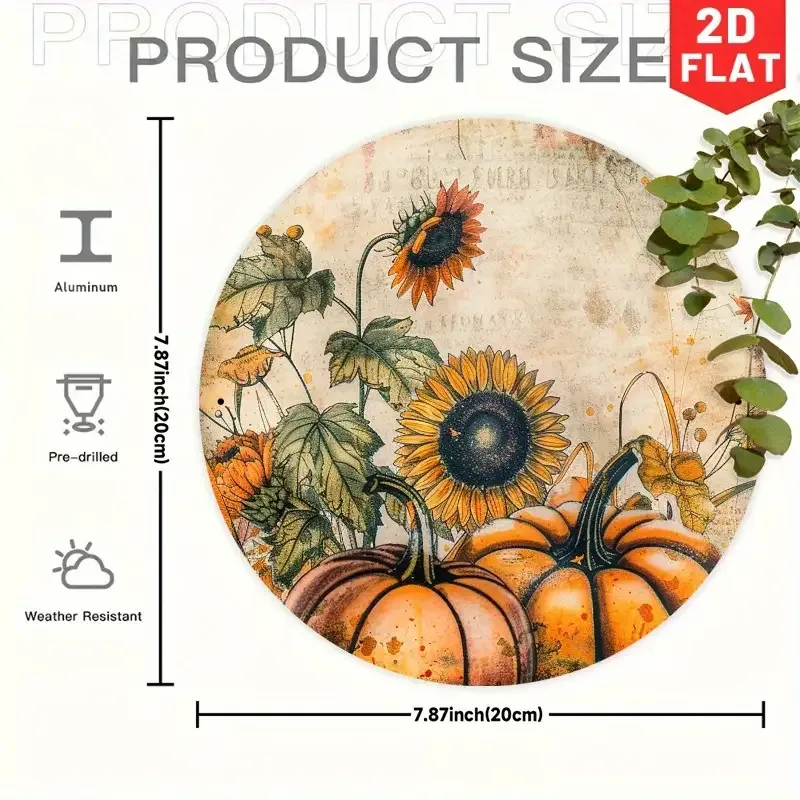 Rustic Autumn Harvest Sunflower and Pumpkin Aluminum Wall Sign  Round Vintage Fall Decoration, Suit