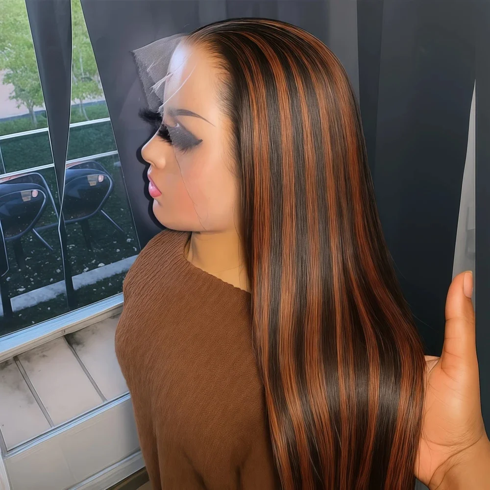 P1B30 36 Inch 13x6 Balayage Highlight Lace Front Wig Human Hair 13x6 HD Lace Front Wigs Human Hair Straight Wig 180% Density Colored Frontal Wigs