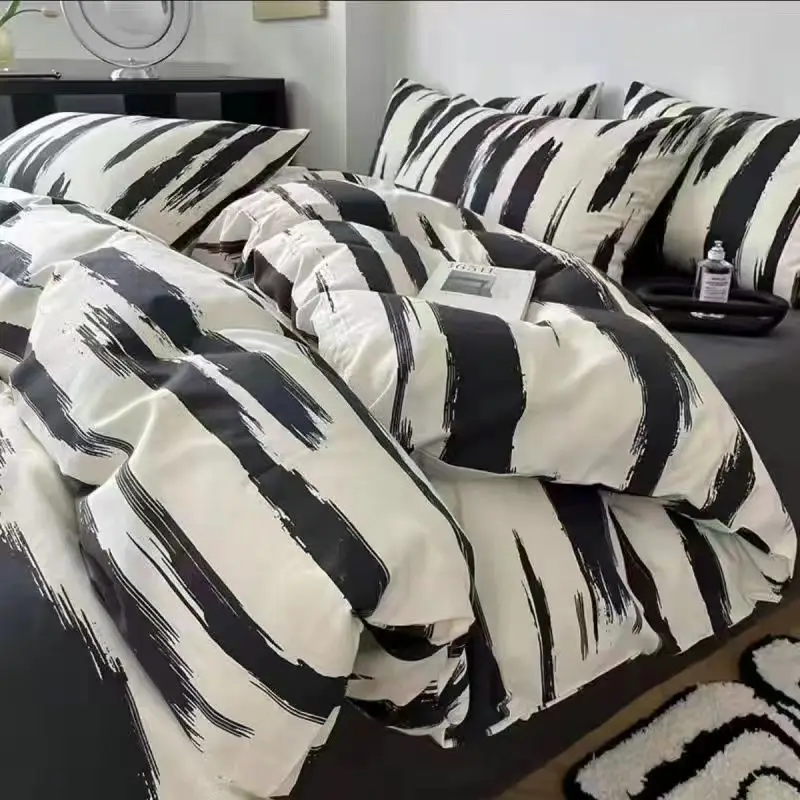 Nordic Style Duvet Cover Black White Zebra Fringe Simple Flower Bedding Set Single Double Queen Full Size Adults Boys Bedclothes