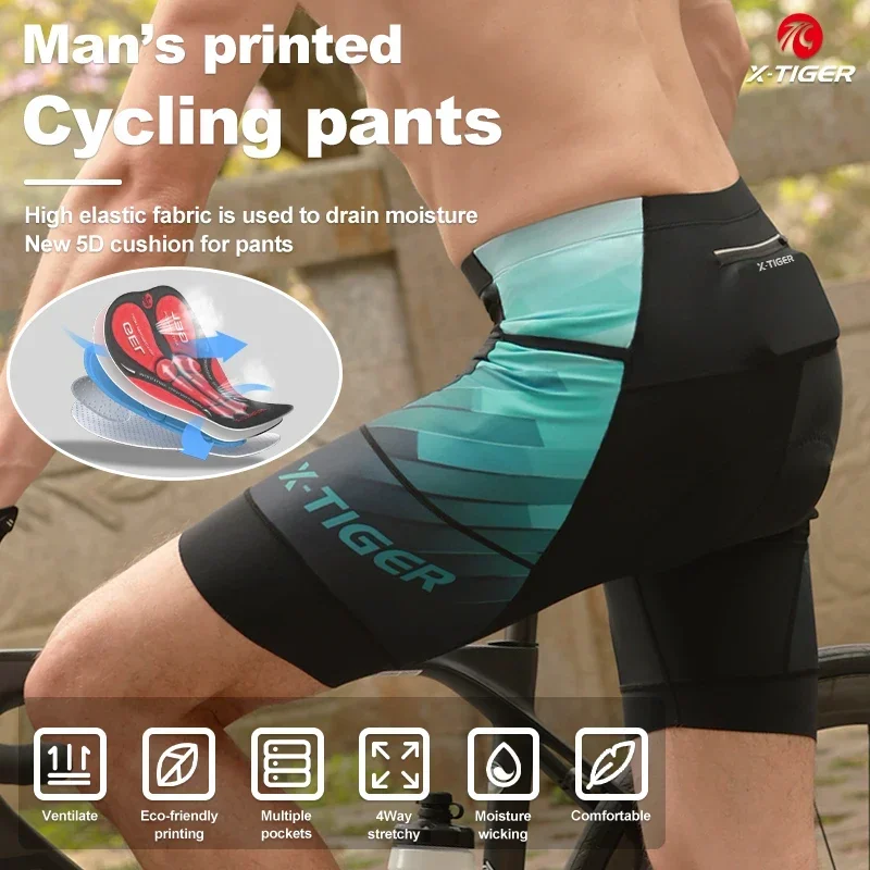 X-TIGER Cycling Shorts Lake Green Bike Tights 5D Gel Padded Pro Bicycle Shorts Breathable Man MTB Shorts With Pocket