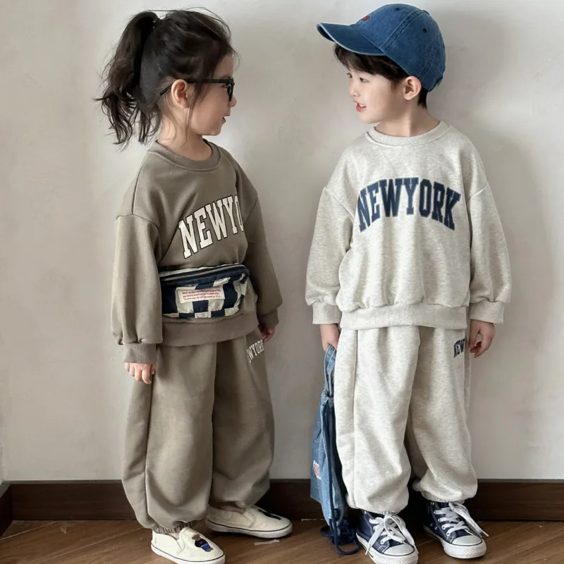 

2025 Autumn Winter Cotton 2piece Set Boy Girl Loose Sporty Outfit Baby Casual Sweatshirt Pullover Top 3-10 Years Jumper Bottom