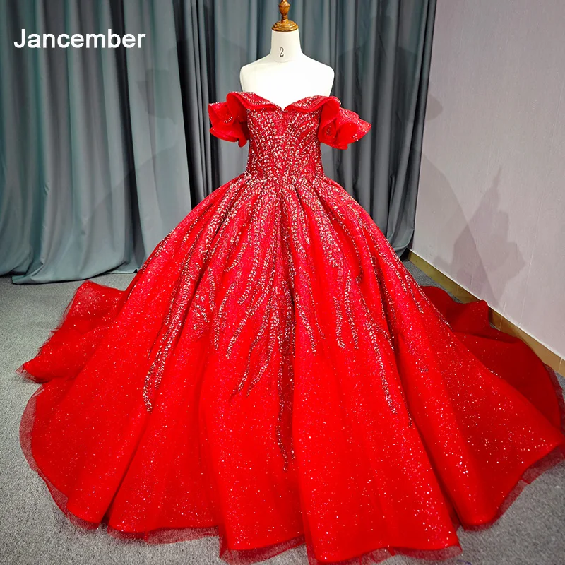 

Jancember Exquisite Factory Wholesale Red Quinceanera Dresses For Gril Sequins Floor-Length Cap Sleeve Bar Mitzvah DY9986