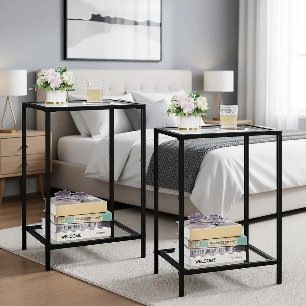 

Набор из 2 журнальных столиков из закаленного стекла с местом для хранения, современный стиль, для гостиной/спальни, 11,8 x 15, черный