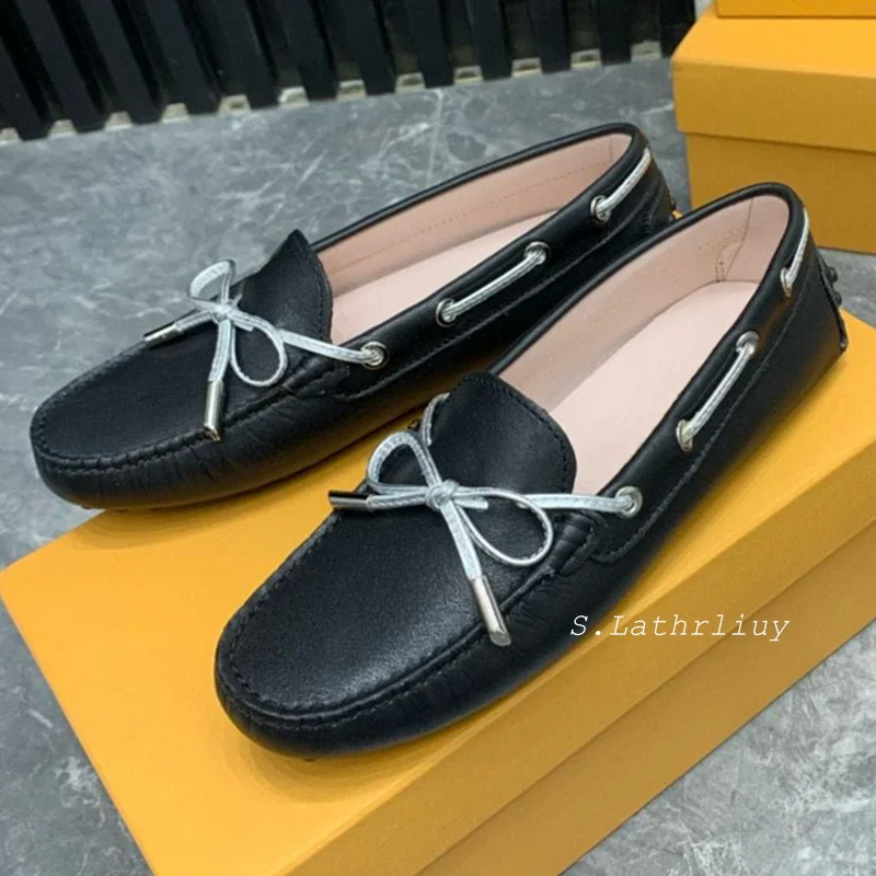 Hot Sale Real Leather Bowknot Lazy Loafers Women's Deep Mouth Flat Shoes Round Toe Single Shoes Soft Sole Comfort Casual Shoes