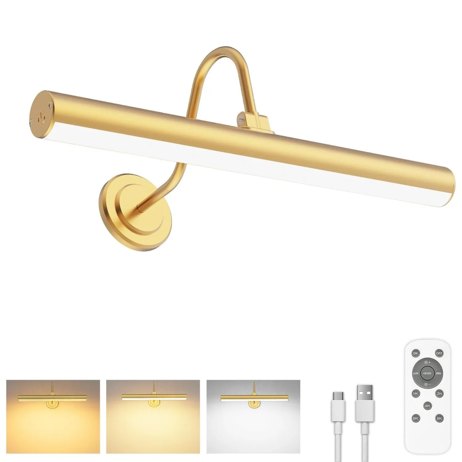 USB Rechargeable LED Picture Light Wireless Wall Sconce No‑Wiring 3 Color Dimmable Touch & Remote Control Art Painting Spotlight for Gallery Portrait Decor