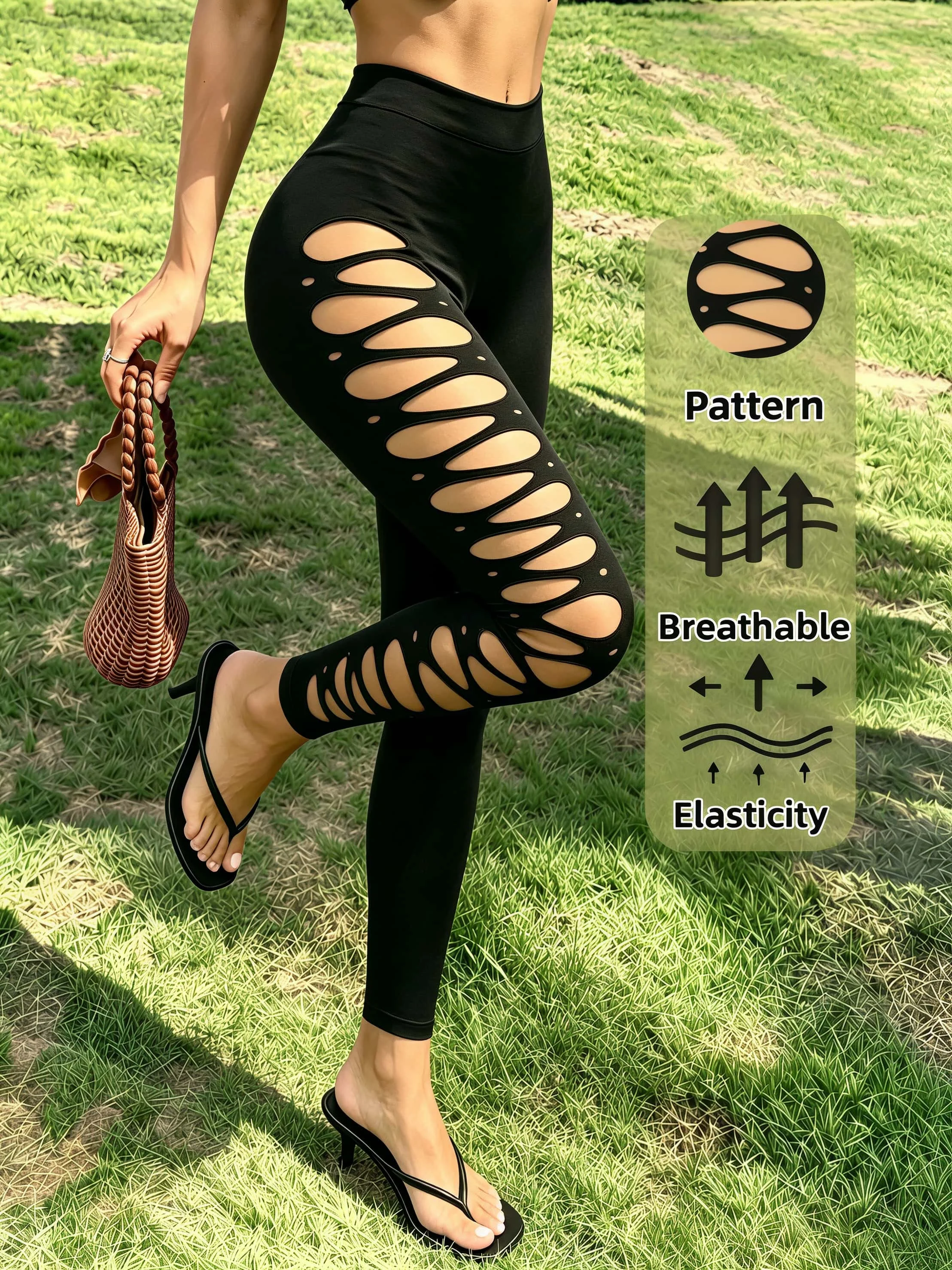 Damen-Leggings mit Leitermuster-Ausschnitten in Schwarz, hochelastisch, atmungsaktiv, sexy, hohe Taille, Capri-Hose mit Cut-Outs für den Alltag und für den Abend – Detail 4