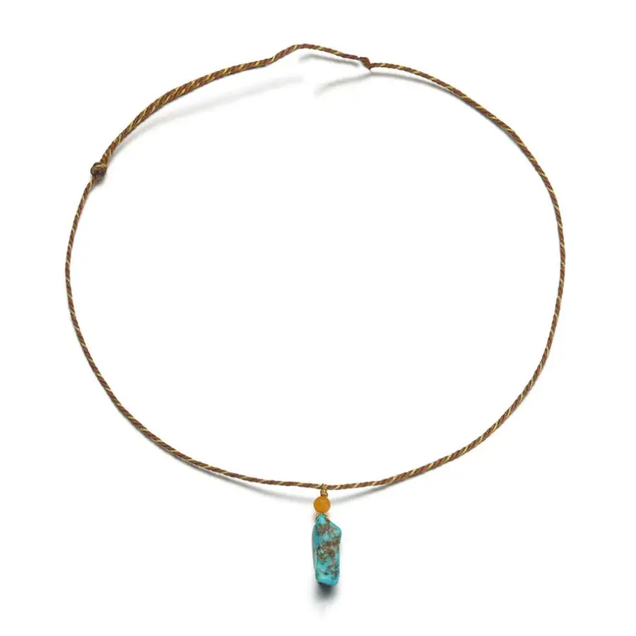 Natural Turquoise Raw Stone Pendant Necklace Women's Adjustable Braided Cord Jewelry