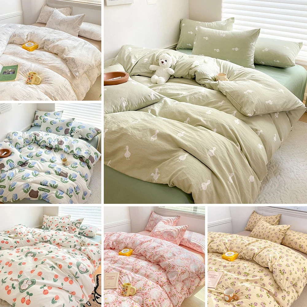 

1PC Plant Floral Duvet Cover Korean Ins Style New Washed Cotton Quilt Cover No Filler Soft Home Hotel Bedding Decor Bed Linens