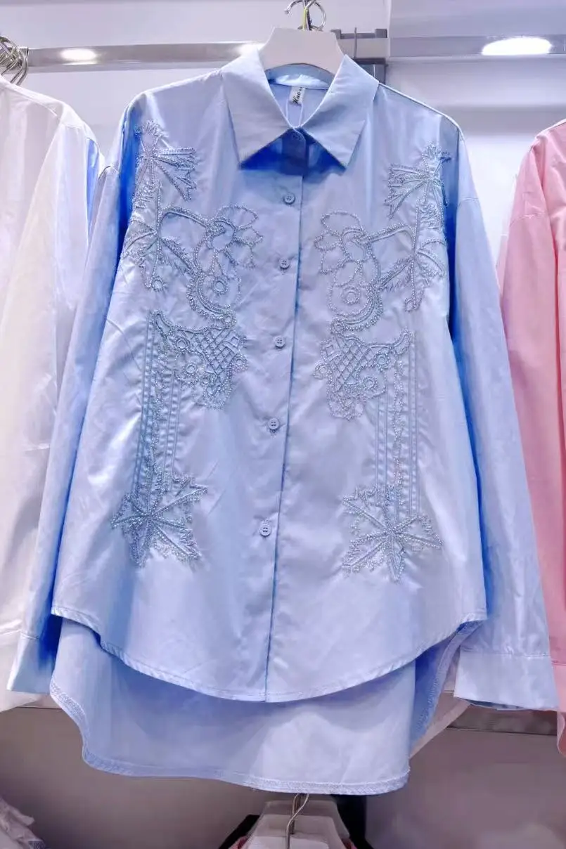 Bling Pailletten Stickerei Party Shirts & Blusen für Damen Bluse aus reiner Baumwolle Mädchen Damen Mittellanges Freizeithemd Camisas