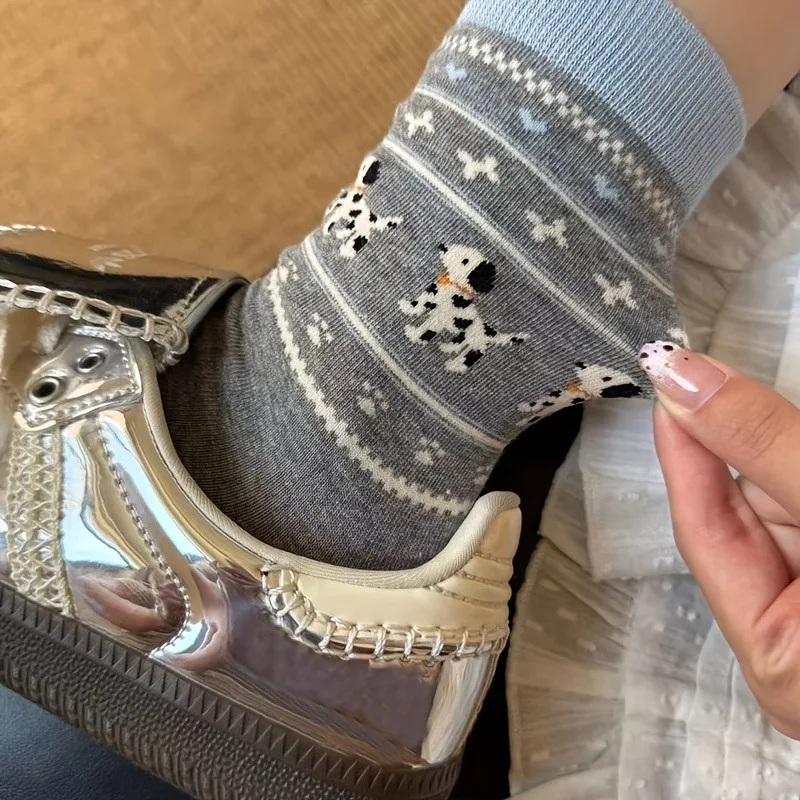 4 Pairs New Fashionable Versatile Warm Vintage Fair Isle Cartoon Japanese-Style Cute Puppy Trendy Slouchy Socks