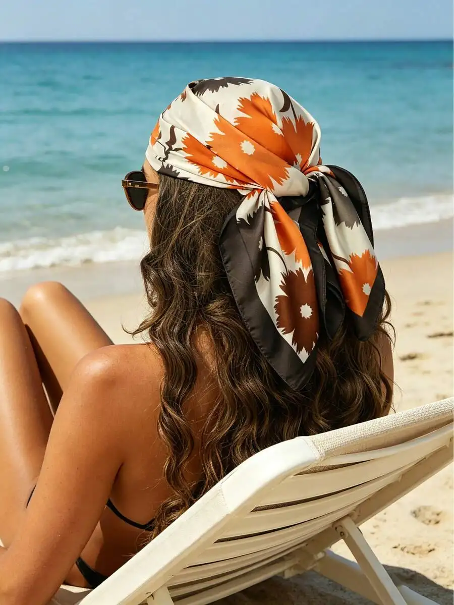 1pc Spring/Summer New Orange Floral Scarf, 70cm Square Scarf Bandana, Casual Beach Holiday Accessory,Travel Essential,Holiday