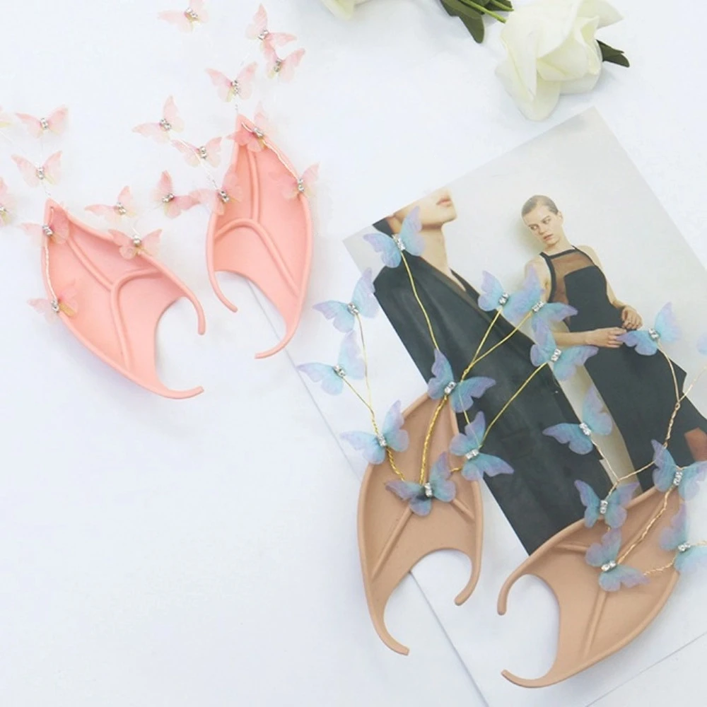 Cosplay Halloween Elf Ears Forest Butterfly Pearl Alloy Halloween False Ears Fake Piercing Earrings Cosplay Costume