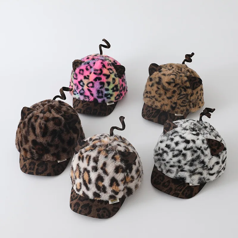 

Winter New Children Plush Baseball Cap Leopard Print Tail Cute Boy Girls Fashion Duck Tongue Cap Adjustable For Fall/Winter