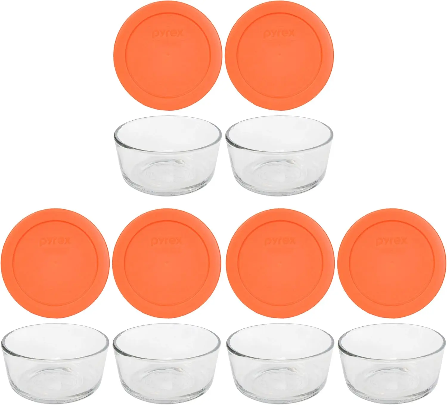 

(6 7200 2 Cup Glass Dishes & (6) 7200-PC 2 Cup Orange Lids - Ma in the USA