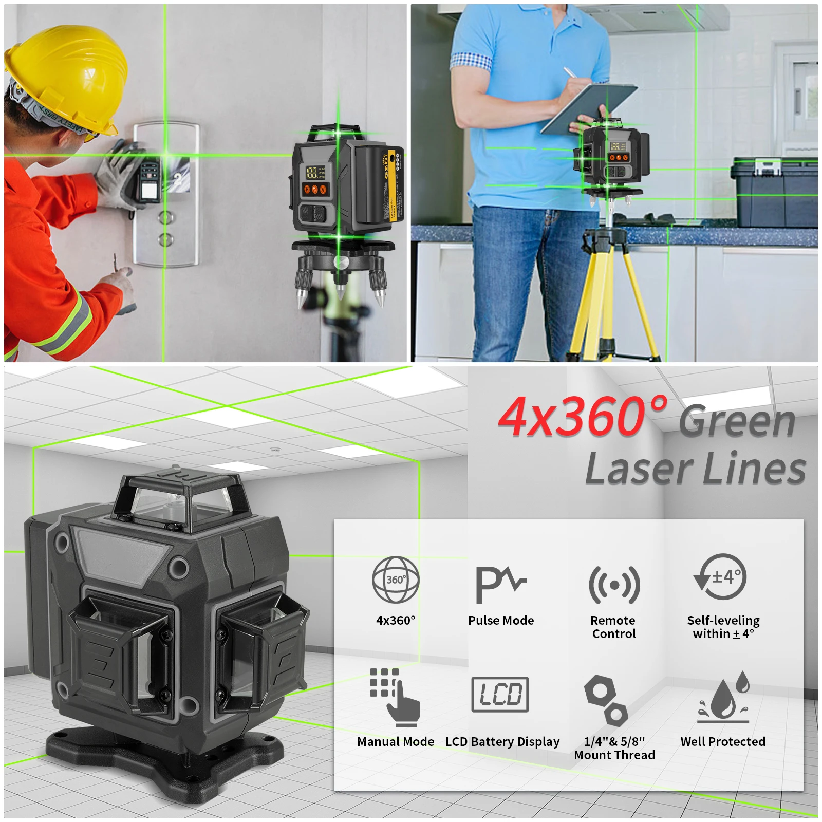 GZG 4D16 LINES Nivel Laser 360°Self-Leveling Automatic Professional Lase Level Horizontal Vertical Green Laser Beam Build Tool