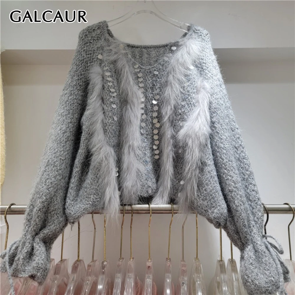 

GALCAUR однотонный свитер с блестками, женский свитер с v-образным вырезом и длинным рукавом, свободные базовые элегантные женские свитера, модный осенний новый стиль