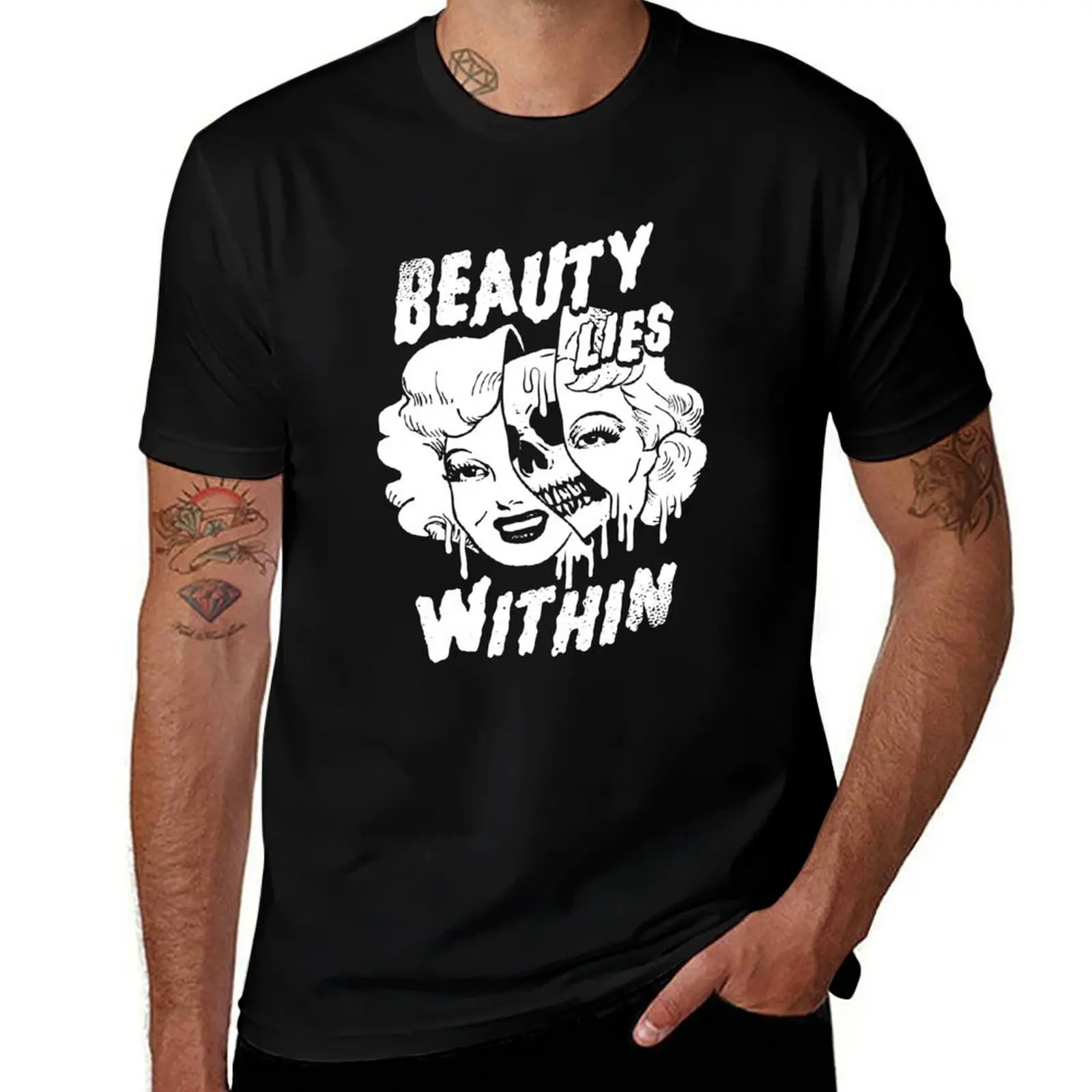 Beauty Lies Within Melting Woman's Face with Skull T-Shirt Casual Everyday Short Sleeve T-Shirt