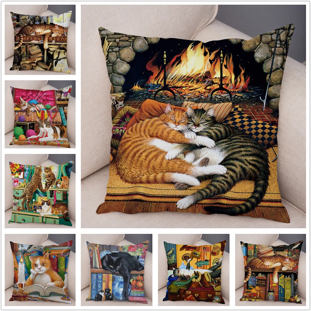 Oil Painting Color Cat Cushion Cover Pillowcase Home Decor Cartoon Animal Sofa   Aesthetics