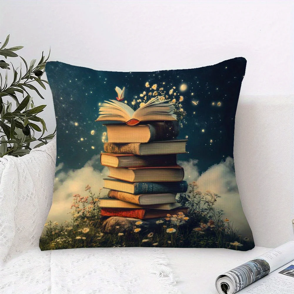 1pc Book Lover's Pillow Case - Magical Literary Decor Cushion Cover with Stacked Books, Floral Meadow & Stars - World Book Day D